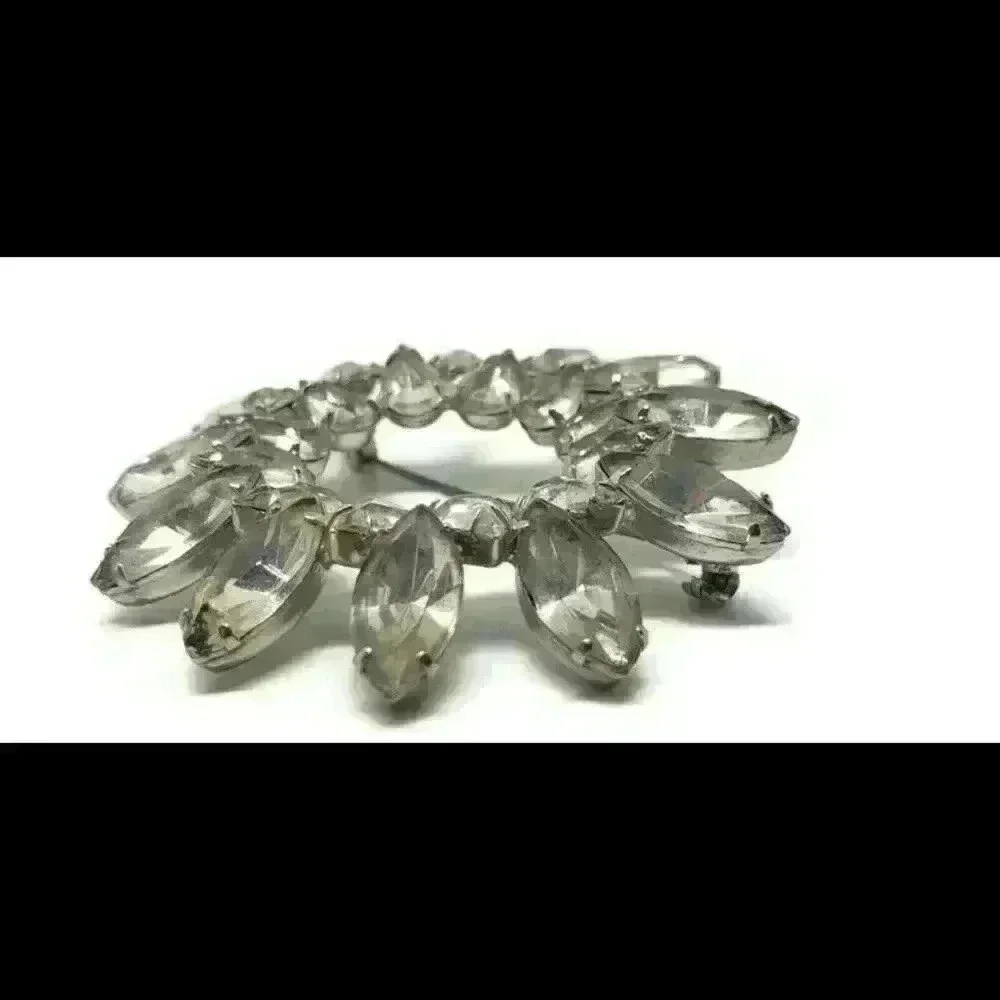 Vintage Brooch Rhinestone Circle Flower Navette & Pear Stones Large